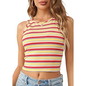 Block Striped Cami Top Sleeveless Crop Tank Tops Round Neck Basic Racerback Camisole