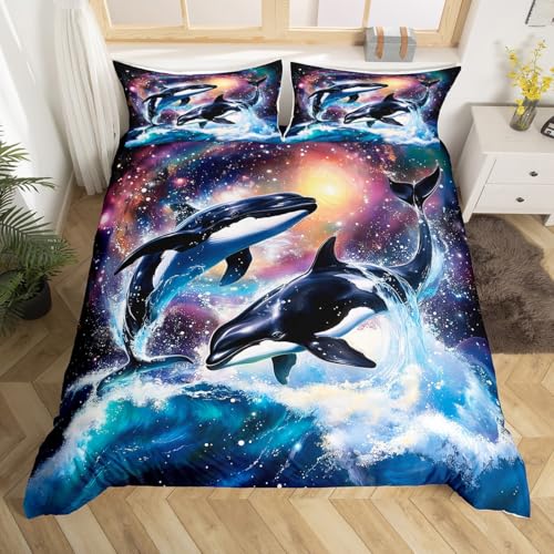 Homewish Orca Wal 135x200 Tröster Abdeckung Orcinus Orca Ozean Bettwäsche Set für Kinder Jungen Teen Männer Galaxy Killer Wal Bettbezug Sternenhimmel Meer Tier Bettbezug Marine Leben Zimmer Dekor