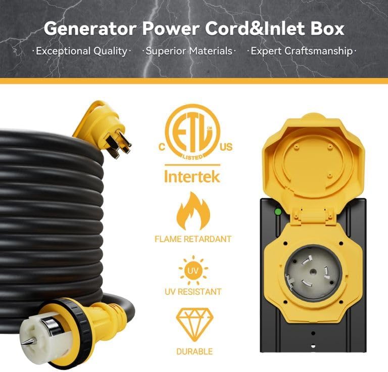 50AMP 15FT Generator Cord with Pre-drilled Power Inlet Box, 50 Amp 4 Prong, 125V/250V NEMA 14-50P Male to SS2-50R, STW 6/3+8/1 AWG Twist Locking with Inlet Box for Generator to House, UL&ETL Listed