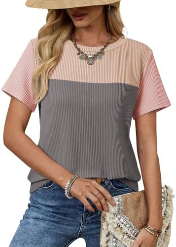 Dokotoo Womens Summer Tops 2026 Casual Color Block Womens T Shirts Loose Fit Crewneck Knitted Tops Trendy