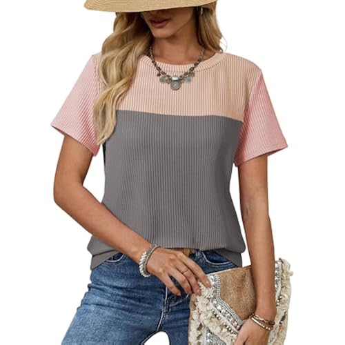 Dokotoo Womens Summer Tops 2026 Casual Color Block Womens T Shirts Loose Fit Crewneck Knitted Tops Trendy