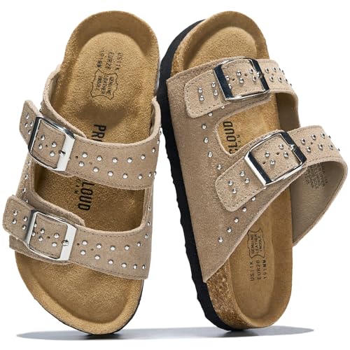 Image of Project Cloud Kids Sandals 100% Genuine Leather - Natural Cork Footbed Non-Slip Slides for Kids - Lightweight Boys & Girls Sandals - Water-Resistant Girls & Boys Sandals