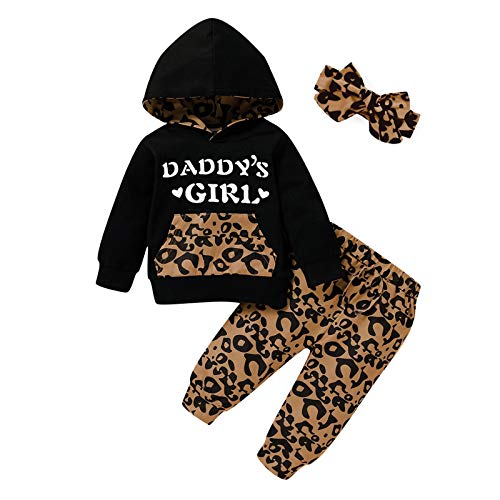 Toddler Baby Girl Letter Printed Outfit Sweatershirt Long Sleeve Hoodie Tracksuit Leopard Pants with Pocket Headband Set