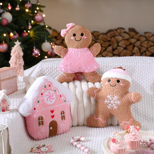 Image of Konohan 3 Pcs Christmas Gingerbread Pillows House Man Throw Pillows Stuffed Gingerbread Shaped Pillow for Christmas Party Outdoor Cushion Decorations(Pink,Lovely Style)
