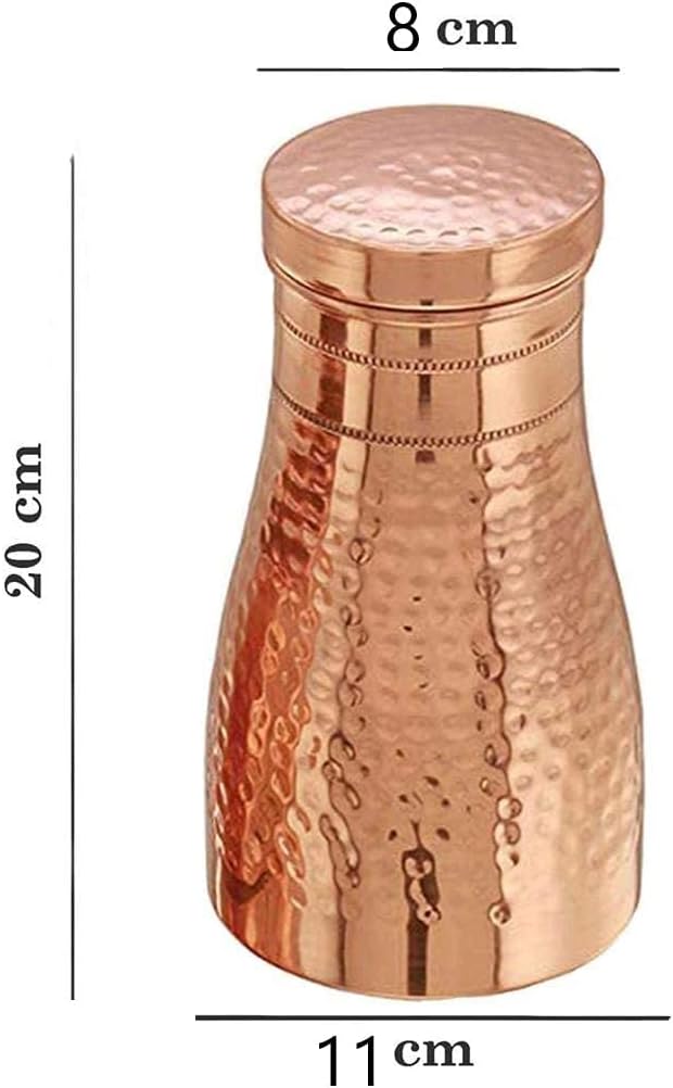 Aakrati Water Bottle Hammered Design | Pitchers | Water Jug | Bedroom Jar | Bedside Carafes With Tumbler/Glass With Lid | With Lacqure Coating 1000 Ml Large Copper