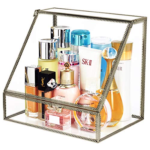 Vintage Large Cosmetics Makeup Organizer Storage Case Holder Display with Slanted Front Open Lid-Cosmetic Spacious Storage for Makeup, Brushes, Perfumes, Skincare
