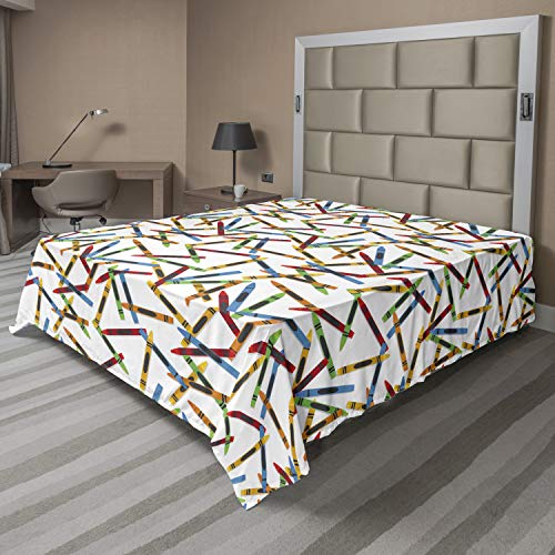 Ambesonne Crayon Flat Sheet, Continuous Childish Pattern of Cartoon Drawn Painting Crafts on Plain Background, Soft and Comfortable Top Sheet Decorative Bedding 1 Piece, Full Size, Multicolor