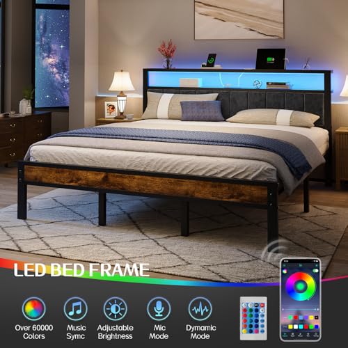 Image of Liians King Size Platform Bed Frame with LED Lights, Grey Upholstered Headboard with 2-Tier Storage Shelves, Charging Station, Noise Free, No Box Spring Needed, Easy Assemably