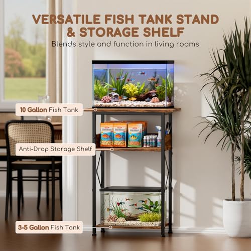 MZNZ 10 Gallon Fish Tank Stand with Storage Shelves, 3-Tier Aquarium Stand with Rust-Proof Metal Frame, Heavy Duty Waterproof Reptile Turtle Tank Stand for Home Office Up to 150LBS, 21.5\" L x 11.5\" W x 30\" H, Rustic Brown - Thumbnail 3