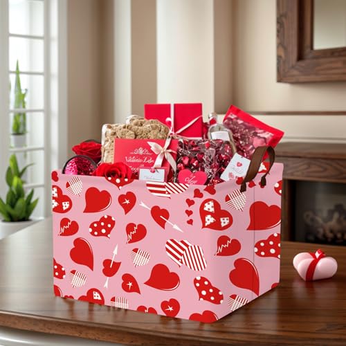 Image of Cute Large Valentine's Day Gift Basket Empty Heart Decor Storage Bin for Kid Baby Room Decor (Striped Red Heart)