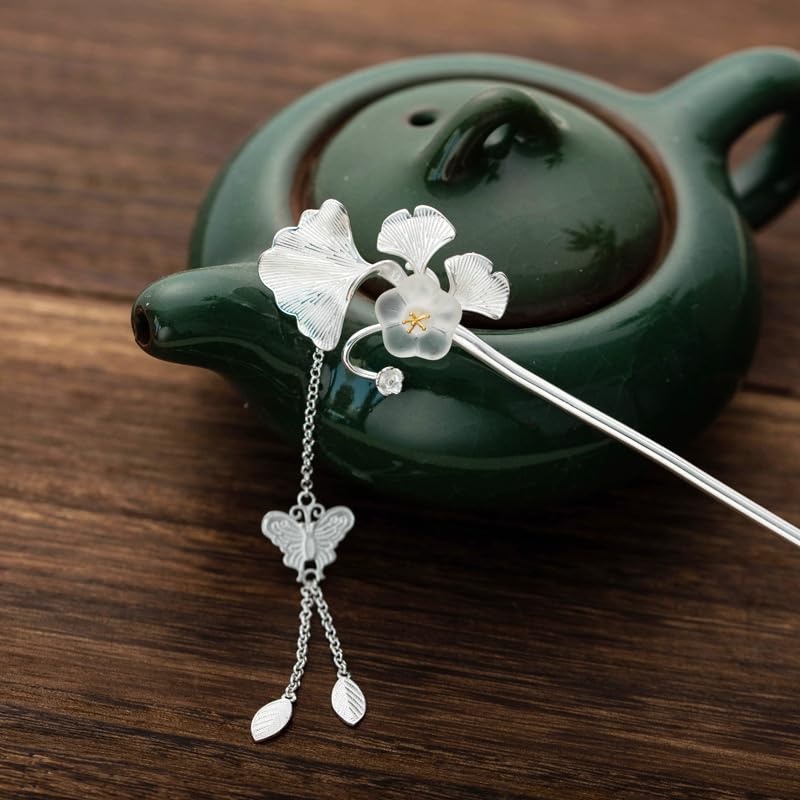 Rabithenn Ginkgo leaf with Jade and Butterfly Tassel S925 Silver Hairpin Chinese Hanfu Style Hair Sticks Hair Clip Hair Accessories for Women(Ginkgo