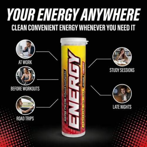 Image of Xero Picks Energy Caffeine Flavored Toothpicks B12 for Focus & B6, 60 Picks (Pack of 3) (Cherry) Sugar-Free Alternative to Energy Mints & Gum - Kosher