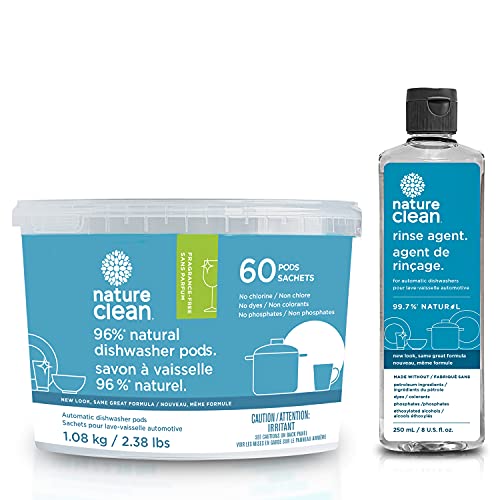 NATURE CLEAN Natural Dishwasher Detergent Pods + Natural Rinse Aid Liquid Set. Plant-Based Fragrance-Free Organic Pods. Eco-Friendly Dishwasher Tablets. 60 count + 8 oz