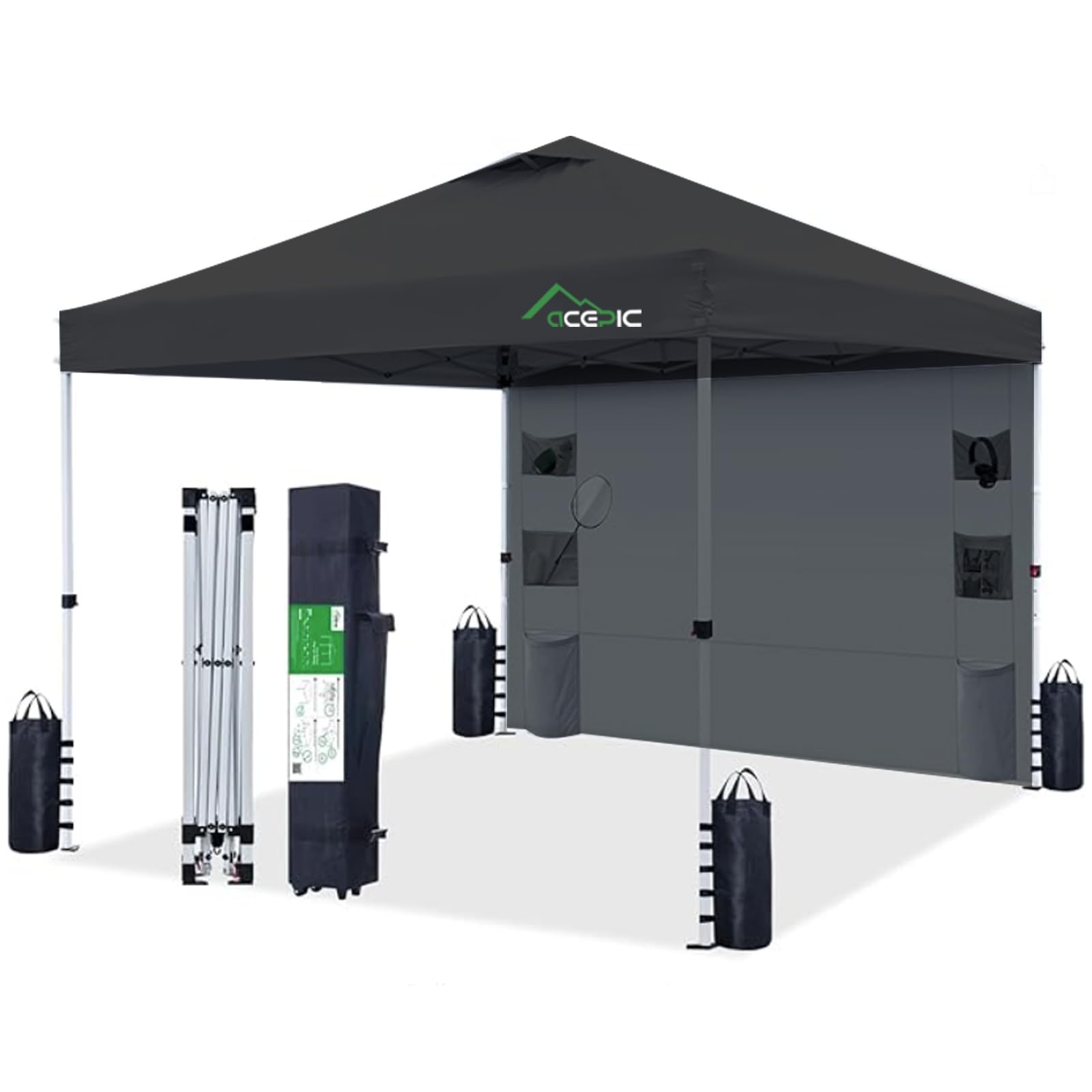 10x10 Pop Up Canopy Tent with Sidewall and 6 Pockets,1-Person Setup Pop Up Canopy Tent with 1-Button Push and Wheel Carry Bag, Bonus 8 Stakes and 4 Upgraded Heavy Duty Canopy Weights (Black, 10x10)