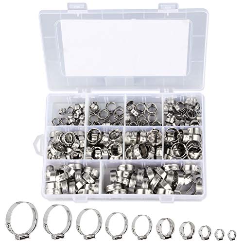 Bbuyagain 200 PCS 304 Stainless Steel Single Ear Hose Clamps, 10 Sizes with 6-21mm Rings Clamp Assortment Kit for Water Pipes Plumbing Automotive Use pack of 200