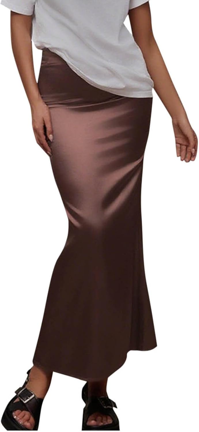 Womens Satin Skirt Silk A Line Swing Pleated Party Wedding Cocktail Skirts High Waist Bodycon Long Maxi Skirt