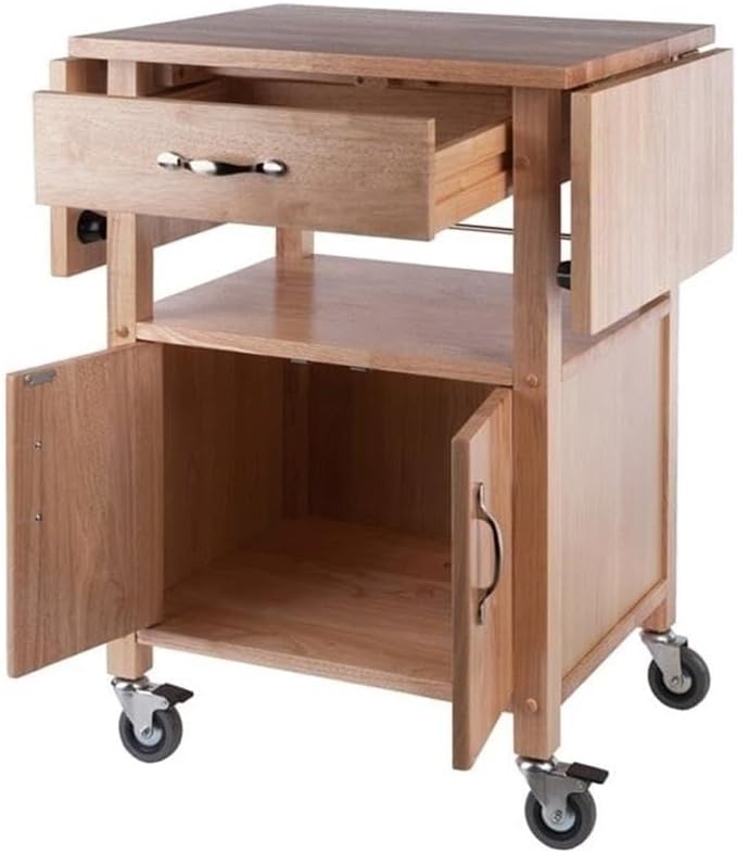 Pemberly Row Solid Wood Butcher Block Kitchen Cart, Natural Finish, Drop Leaf Countertops, Storage Cabinet with Drawer and Shelf, 43.27" W x 20.16" D x 33.27" H, Transitional Style for Kitchen Use