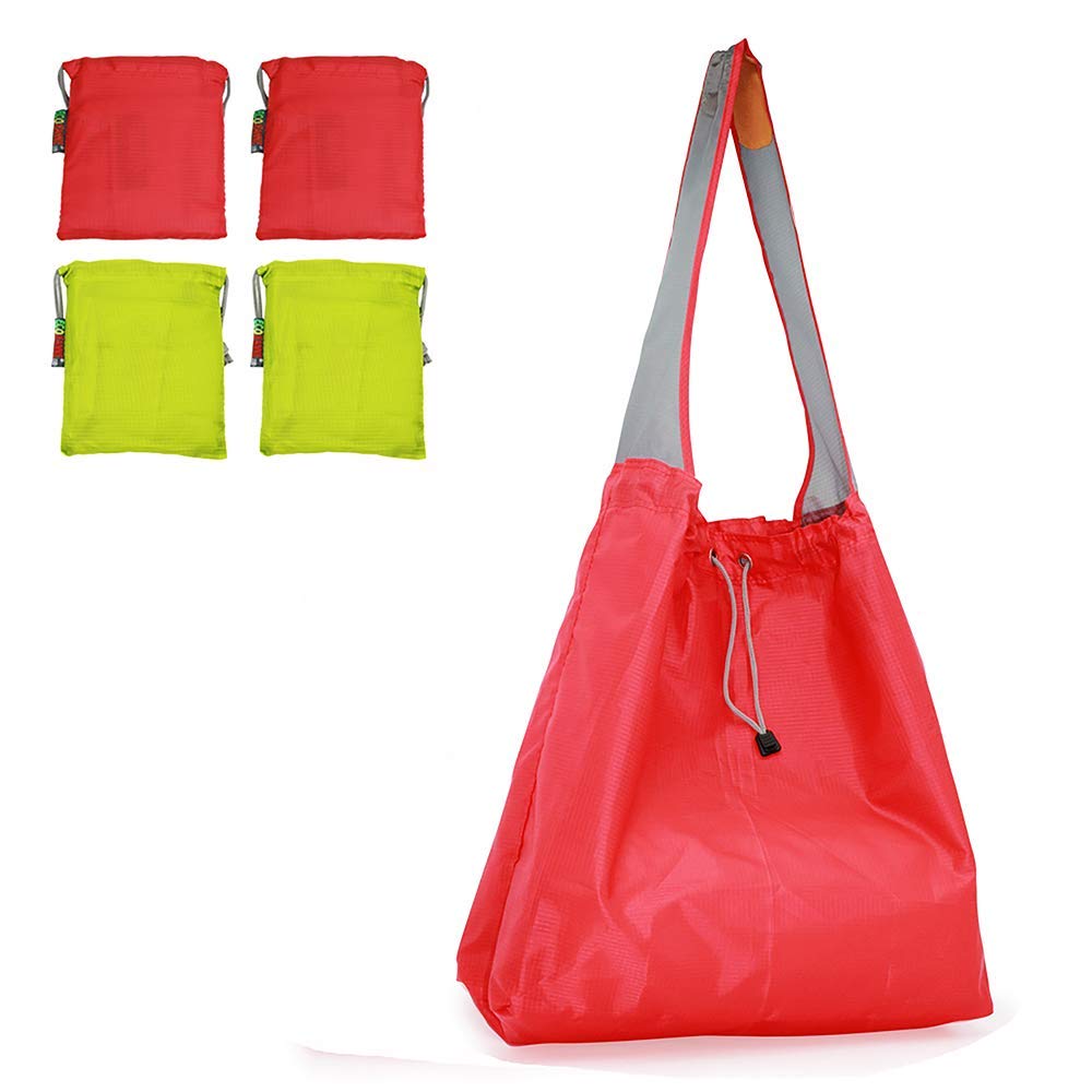 EcoJeannie 4 Pack Ripstop Nylon Foldable Reusable Grocery Shopping Bag with Pouch & Inner Pocket, Draw-String