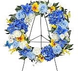 MUVIC Cemetery Wreath with Grave Holder, Artificial Flower Wreaths for Gravesit Decoration for You Loved Ones,Blue Rose Yellow Cemetery