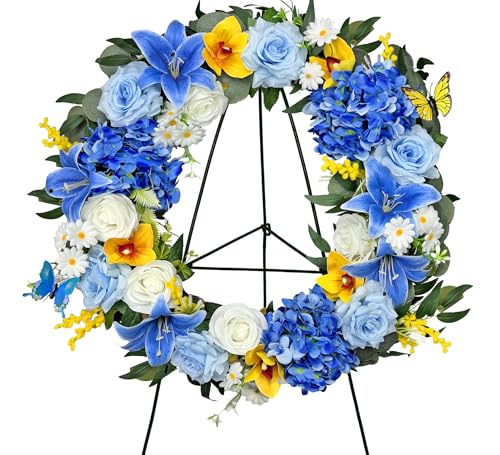 MUVIC Cemetery Wreath with Grave Holder, Artificial Flower Wreaths for Gravesit Decoration for You Loved Ones,Blue Rose Yellow Cemetery