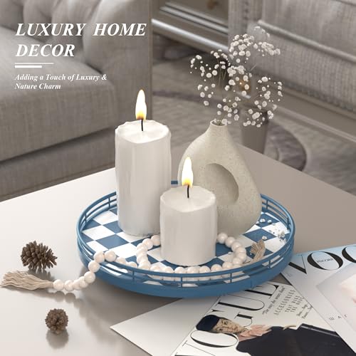 Image of Premium Rubber Wood Lazy Susan Turntable, Blue White Checkerboard Decorative Serving Tray, Hand-Welded Metal Railing, Stable Rotating Organizer for Dining Table, Kitchen Counter, Coffee Table Decor