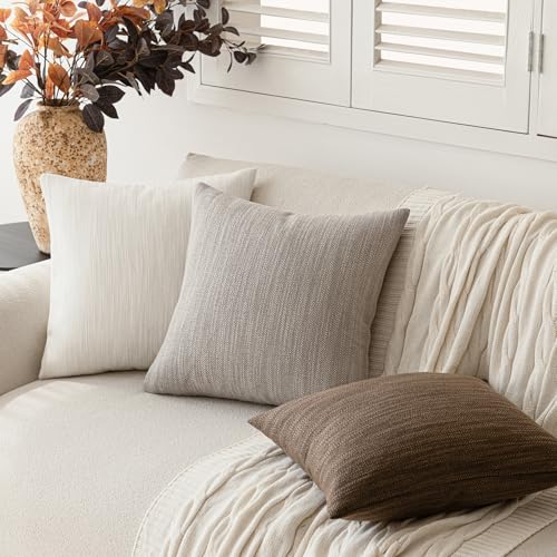 Image of Foindtower Set of 2 Decorative Textured Burlap Linen Throw Pillow Covers Farmhouse Boho Cushion Cover Solid Accent Pillowcase for Couch Sofa Bed Living Room Home Decor, 24x24 Inch,Light Grey