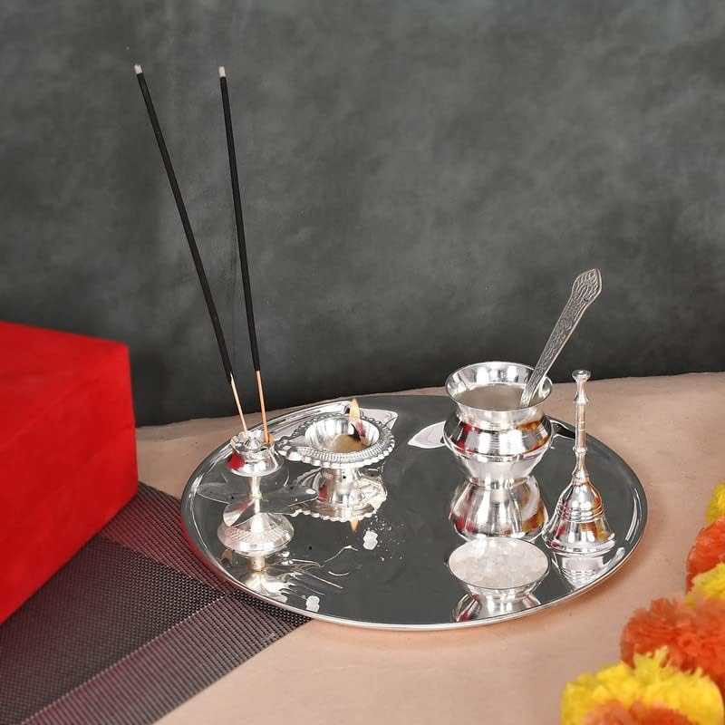 Jaipur Ace Silver Plated Tradational Pooja Thali Set of 7 Pieces with Royal Velvet Box
