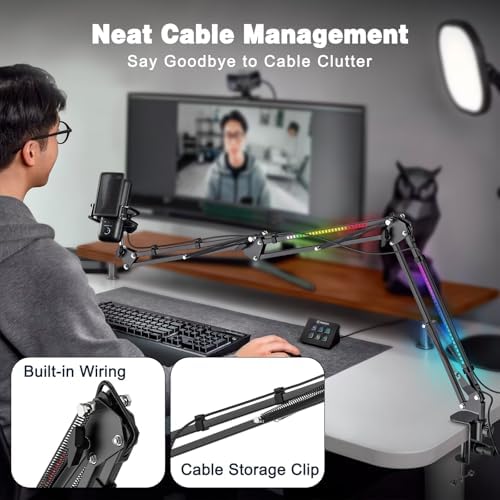 Bild 2 - Mikrofon Boom Arm mit RGB Licht, Mikrofonarm Schreibtisch mit 3/8" bis 5/8" Schraube, Verstellbare Mikrofon Halterung Tisch mit Tischklemme, Perfekt für TikTok Live-Streaming, Singe