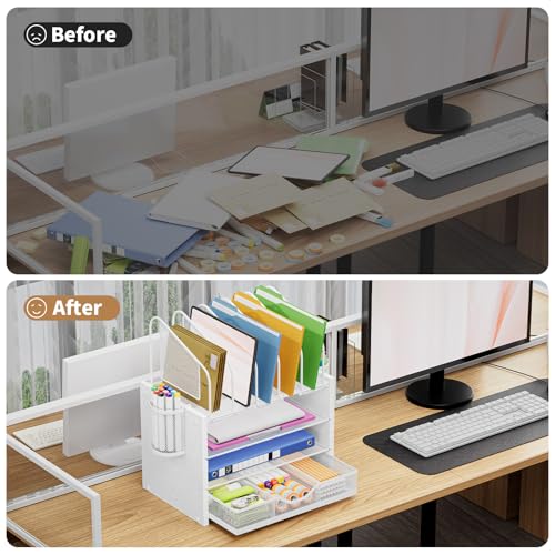 Image of Marbrasse Desk organizer with Drawer, 4-Tier Wooden File Organizer with 5 Vertical File Holders and 2 Pen Holders, Desk Organizers and Accessories for Home Office - White