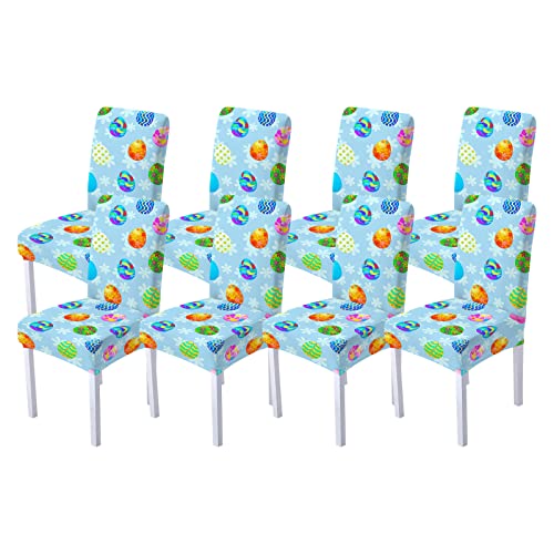 Chickwin Stuhlhussen Ostern 1 2 4 6 8er Set,Eier Hase Kaninchen Drucken Stuhlüberzug Moderne Universal Elastisch Stuhlbezug Stretch Stuhlbezüge für Deko Party Hochzeit (8 Stück,Blau Blütenblätter) Cover