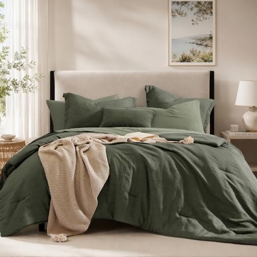 King Comforter Set - 7 Pieces Green Textured Bed in a Bag King Bedding Set