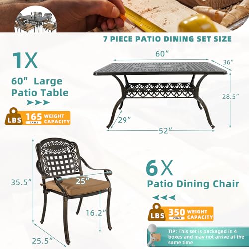 Image of MEETWARM 7-Piece Outdoor Furniture Dining Set, All Weather Cast Aluminum Patio Garden Set with 6 Chairs, 6 Cushions, 1 Rectangular Table, 2 inch Umbrella Hole, Dark Bronze