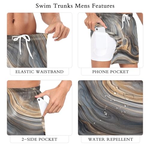 Mens Swim Trunks with Liner, Marble Abstruct Swirling Cool Quick Dry Beach Swim Shorts, Swimwear Bathing Suits S3