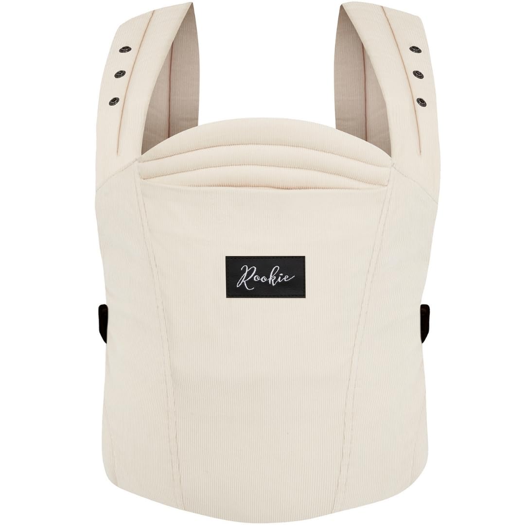 Rookie Babytrage ab Geburt - Ergonomisch, Bequem, Bio-Stoffe - Premium Elite Design - Baby Trage schnell & einfach angelegt - Baby carrier für Neugeborene bis 2 Jahre (Cord Ivory)