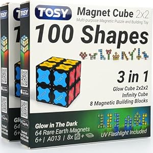 TOSY Magnet Cube 2×2 – 8 Blocks, 2in1 Toy: 2x2x2 Puzzle Cube and Customizable Infinity Cube, Glowing w/ UV Flashlight, Christmas Stocking Stuffers Gift for Kids/Grandkids, STEM Toy, 2-Pack