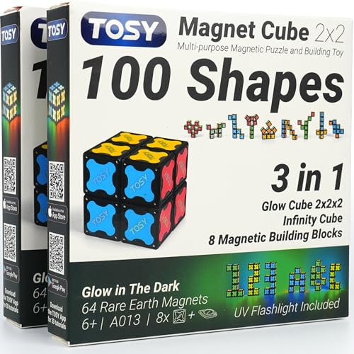TOSY Magnet Cube 2x2 - 8 Blocks, 2in1 Toy: 2x2x2 Puzzle Cube and Customizable Infinity Cube, Glowing w/ UV Flashlight, Christmas Stocking Stuffers Gift for Kids/Grandkids, STEM Toy, 2-Pack