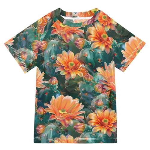 ALAZA Kids Rash Guard Boys Toddler Swim Shirts Short Sleeve Cactus Orange Flowers UPF 50+ 3T