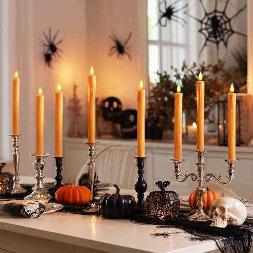 Image of Homemory 6 Pcs Orange Flameless Taper Candles with Remote, Timer, Dimmer, Battery Operated CandleSticks with Flickering Light, Plastic Led Window Candles, for Halloween Decoration 9.6 Inches