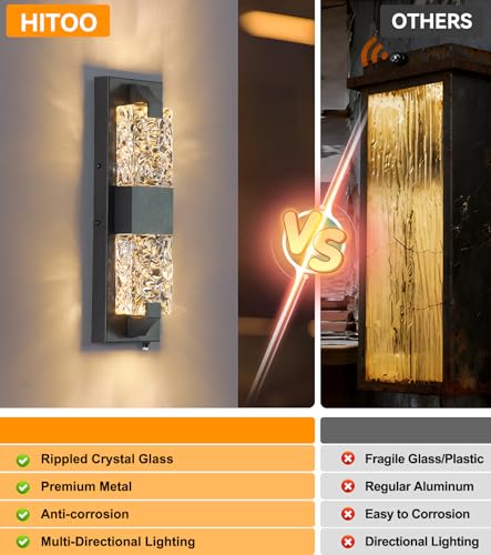 Image of Outdoor Wall Light Dusk to Dawn 12W LED | 15.3'' Exterior Wall Sconce, Crystal Modern Style, Wall Mounted, for Porch, Patio, Hallway, Backyard, Black