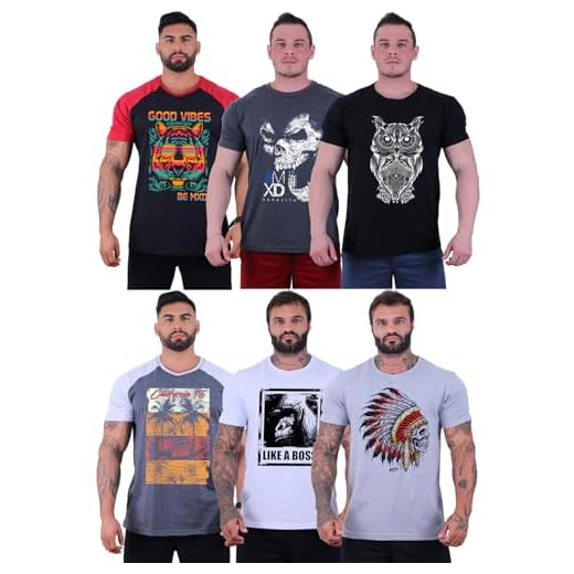 Kit 6 Camisetas Tradicional Masculina Clássica MXD Conceito Básica Camisas Estampas Algodão (EG, Opção 05)