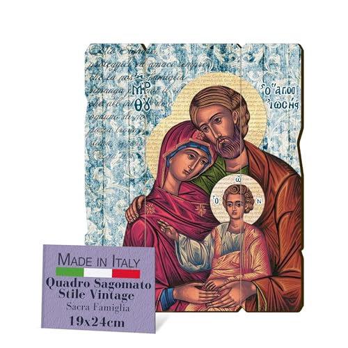 Fratelli Bonella – Cuadro de la Sagrada Familia contorneado vintage – Cuadro de madera de álamo, grosor 8 mm, lienzo Sagrada Familia Dormitorio 19 x 24 cm – 100 % fabricado en Italia
