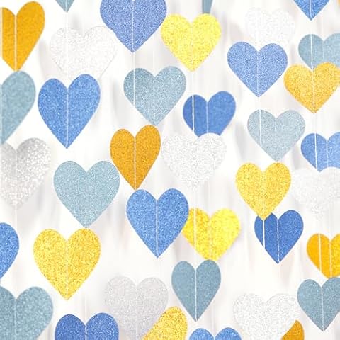 Light-Dusty Blue-Gold Silver Party-Decorations Heart-Garland - 52Ft Boys Birthday Baby Bridal Shower Wedding Hanging Streamers Banner,Bachelorette Engagement Supplies Decor Panduola Cover