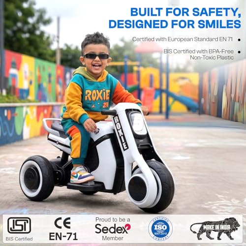 Image of Toyzone Roxie Kids Electric Bike (White)| Rechargeable Bike with 6V 4.5Ah Battery| MP3 /USB /BT Music & LED Lights| Smooth Acceleration | 6 Months Battery warranty, For Kids Age 2 to 8 Years, Upto 35 kg
