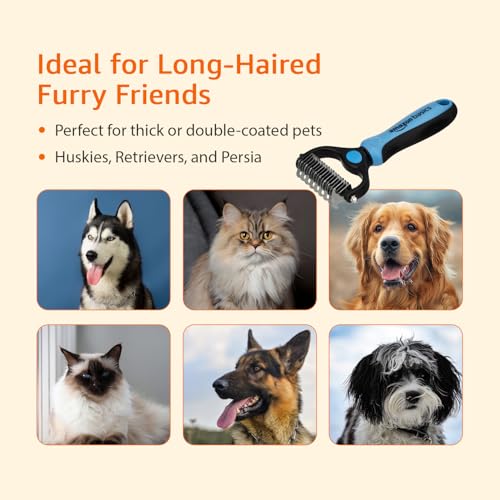 Image of Amazon Basics, Deshedding Tool with Rake for Pet Dog Grooming | Dematting Tool | Removes Loose Hair, Mats, Tangles, and Dirt | Suitable for All Dog Breeds | Large Blade