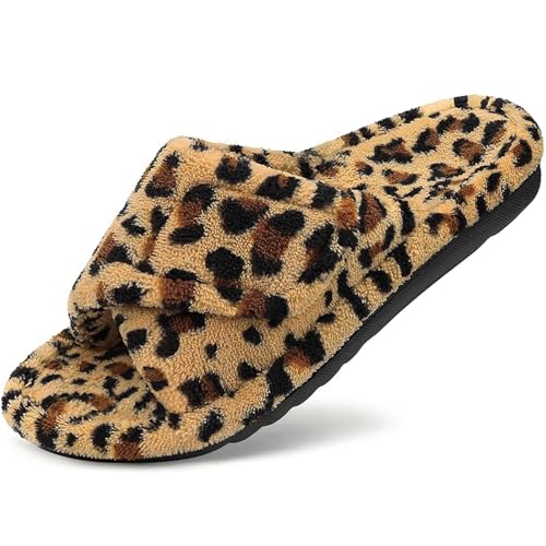 Litfun Unisex Orthopedic Slippers with Arch Support Adjustable Open Toe House Shoes for Plantar Fasciitis, Dark Leopard Brown 39