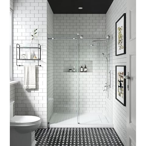 Adoric Frameless Single Sliding Shower Door, 57"-60" W x 76" H Chrome Finish, 3/8 "(10mm) Clear Tempered Safety Glass Silent Top Rollers and 304 Stainless Steel Handles Cover