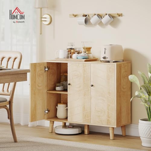 HOMCOM Sideboard Cabinet, Modern Vintage Kitchen Storage Cabinet with 3 Chevron Doors and Pine Wood Legs for Living Room, Kitchen, Hallway, Natural Wood Finish - Image 2