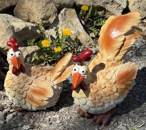 Bambelaa! Gartenfigur Lustige Deko Hühner Garten Figuren Draußen Groß Wetterfest Polyresin Hühnerfiguren Gartendeko Huhn Tiere Frühling Außenbereich Henne Outdoor Bunt 2er Set