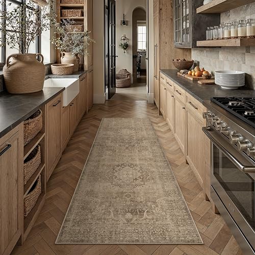 Brown 2x6 Washable Runner Rug Non-Slip Floral Vintage Distress Print Pattern Medallion Hallway Lightweight Thin Low Pile Soft Indoor Rug for Kitchen L