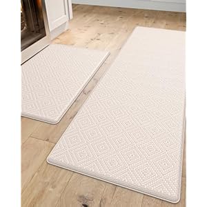 DEXI Kitchen Mat Cushioned Anti Fatigue, 2 PCS Kitchen Rug Set Non Slip, Waterproof Comfort Standing Kitchen Floor Mat, 17″x29″+17″x59″, Beige